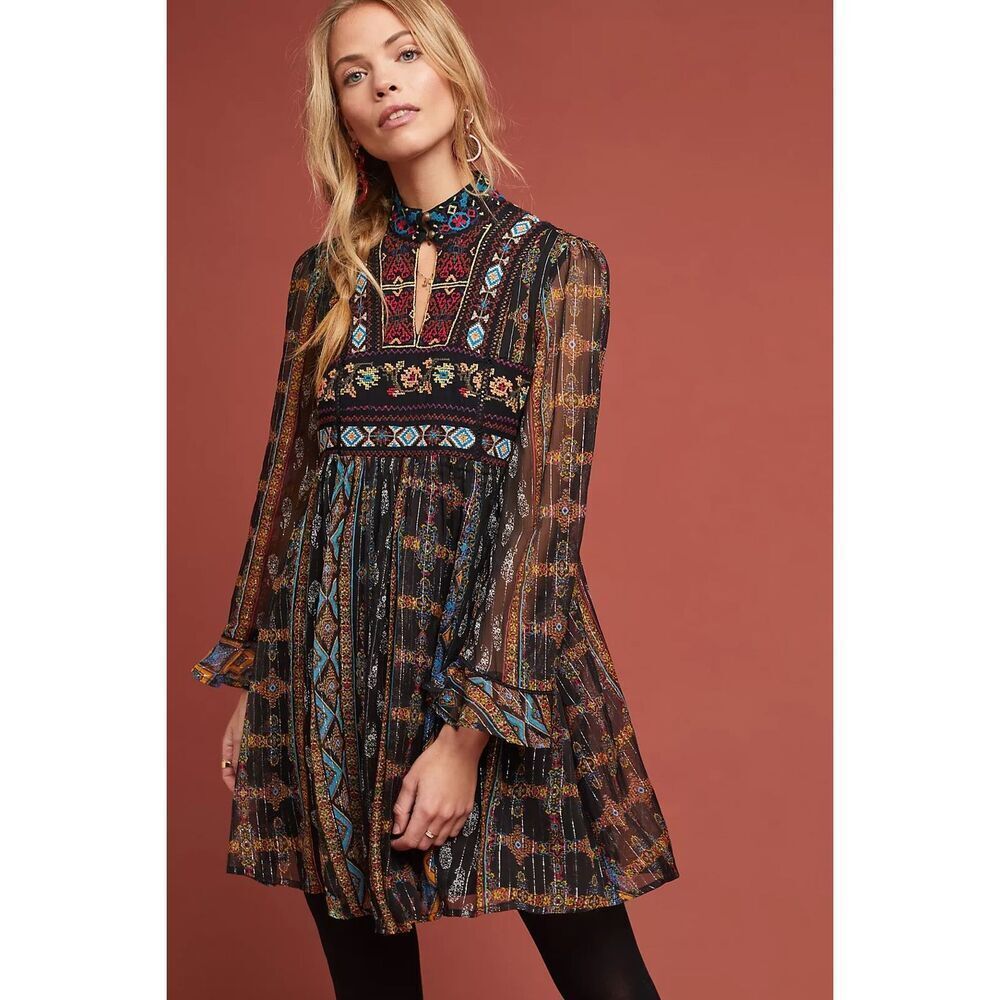 Anthropologie Sheria Metallic Embroidered Dress Size 4